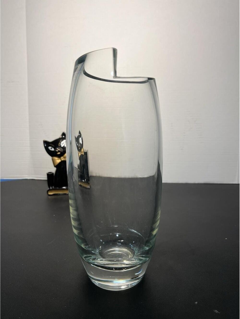 Scandinavian Vintage 1960s Heavy Clear Art Glass Vase Asymmetric Rim, 3.5x10” - Picture 3 of 11